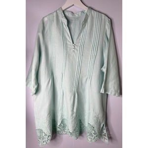 Symple Blue Linen Pintuck Crochet Tunic Top Women's XL Lagenlook Coastal